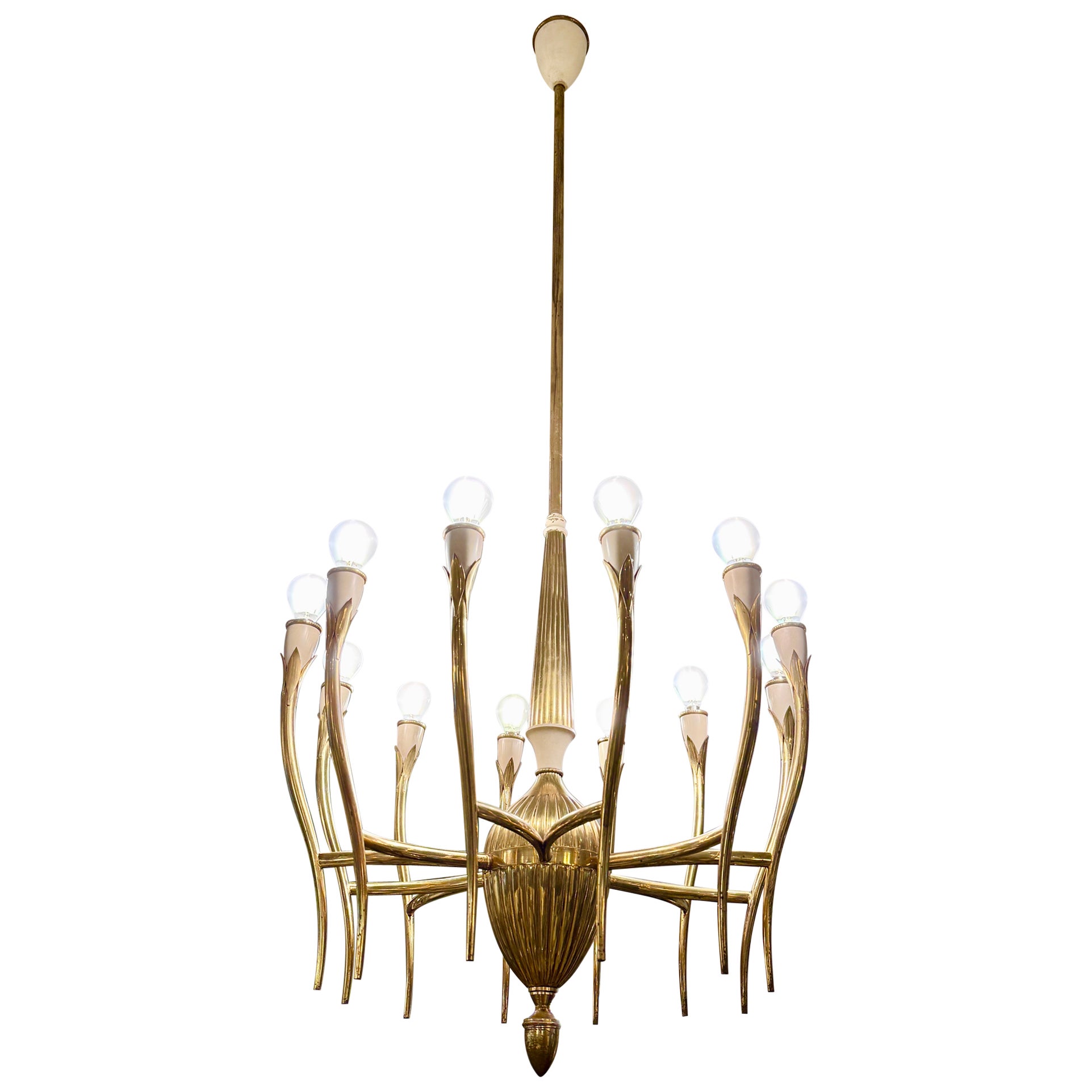 Oscar Torlasco Italian 12-Light Brass and Enameled Metal Chandelier by LUMI For Sale
