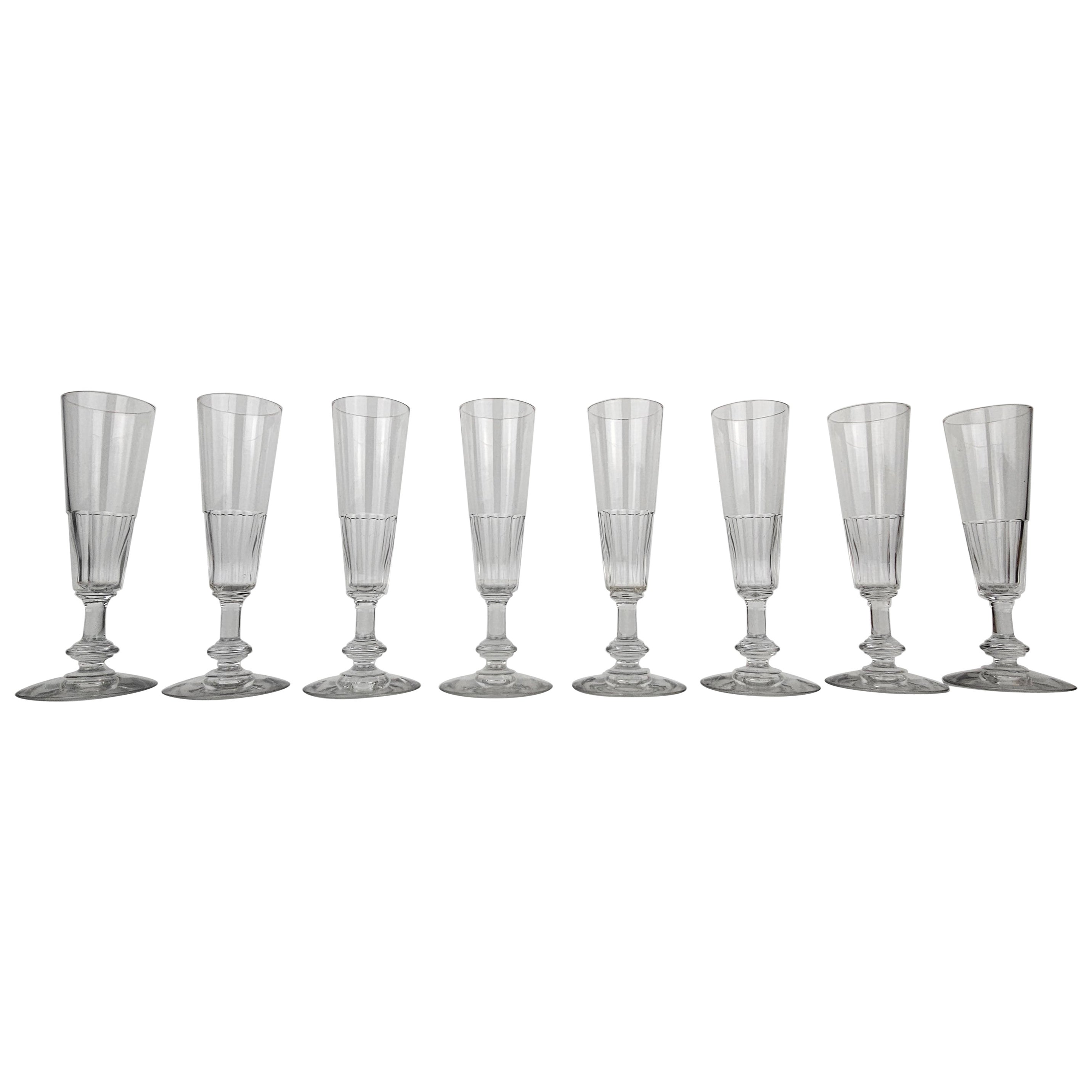 Set of Eight French Champagne Flutes in Glass, Ca. 1870