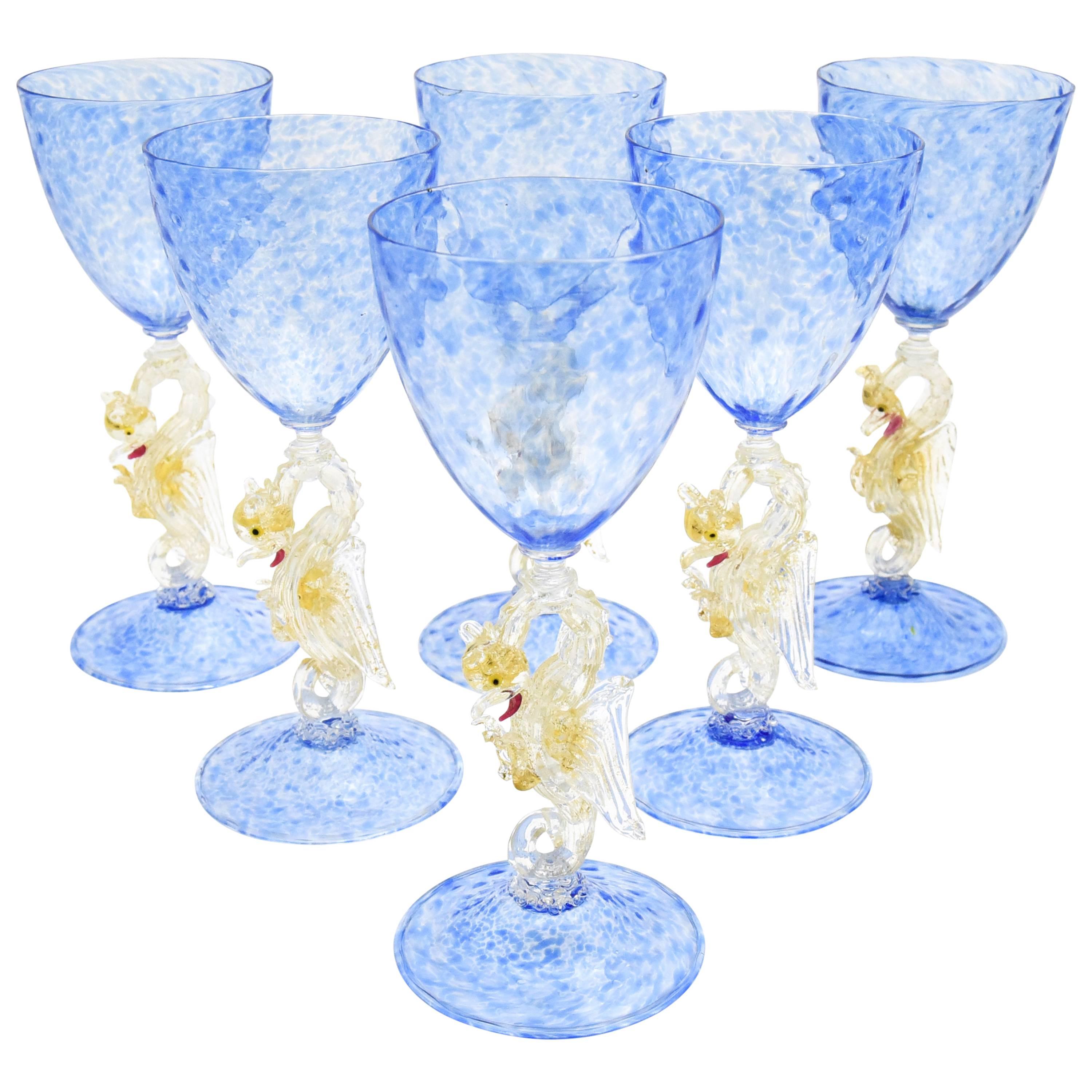 Set of Eight Salviati Hand Blown Blue Venetian Murano Goblets with Dragons