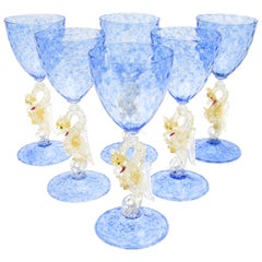 Antique Set of Eight Salviati Hand Blown Blue Venetian Murano Goblets with Dragons