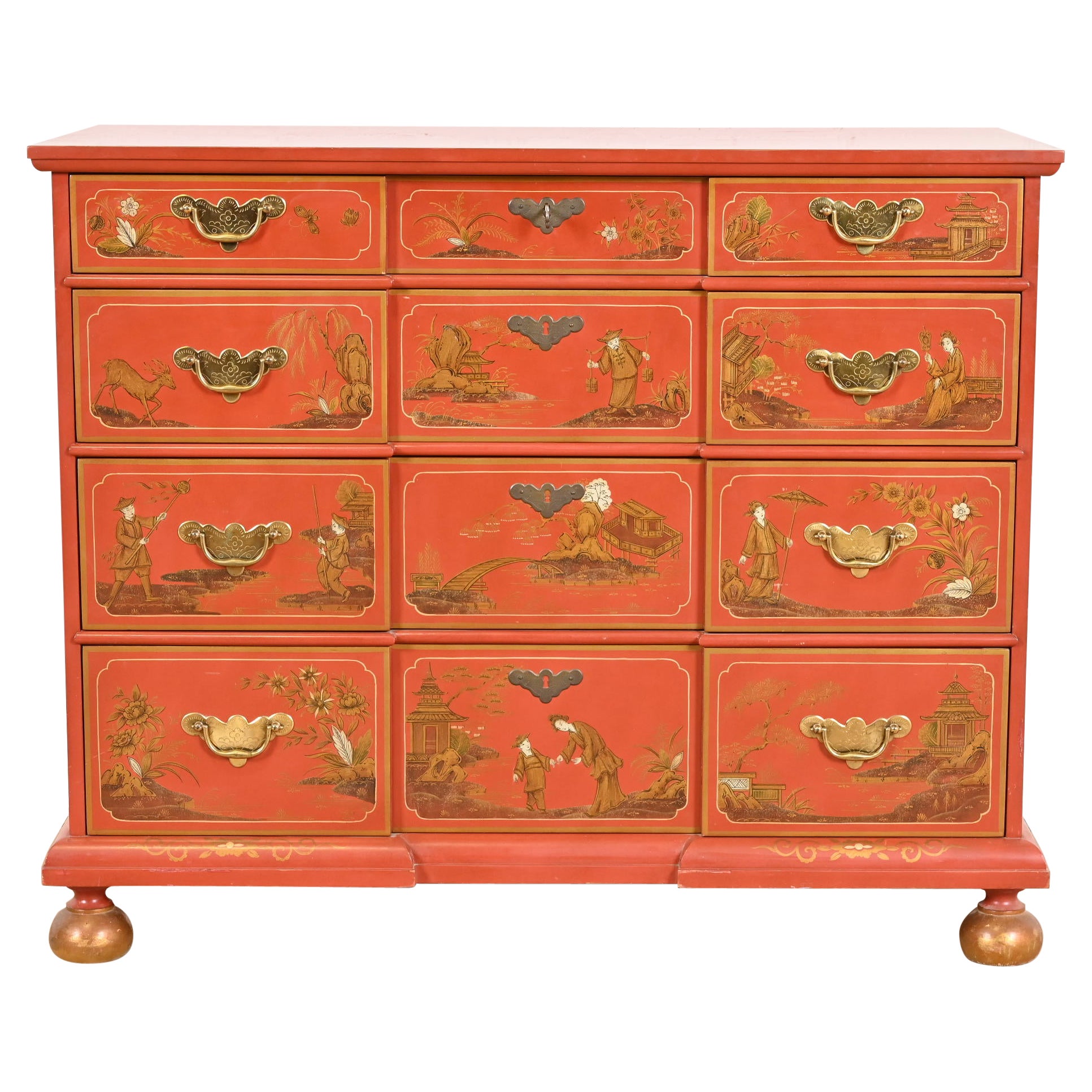 Cassettiera laccata rossa Baker Furniture Hollywood Regency Chinoiserie