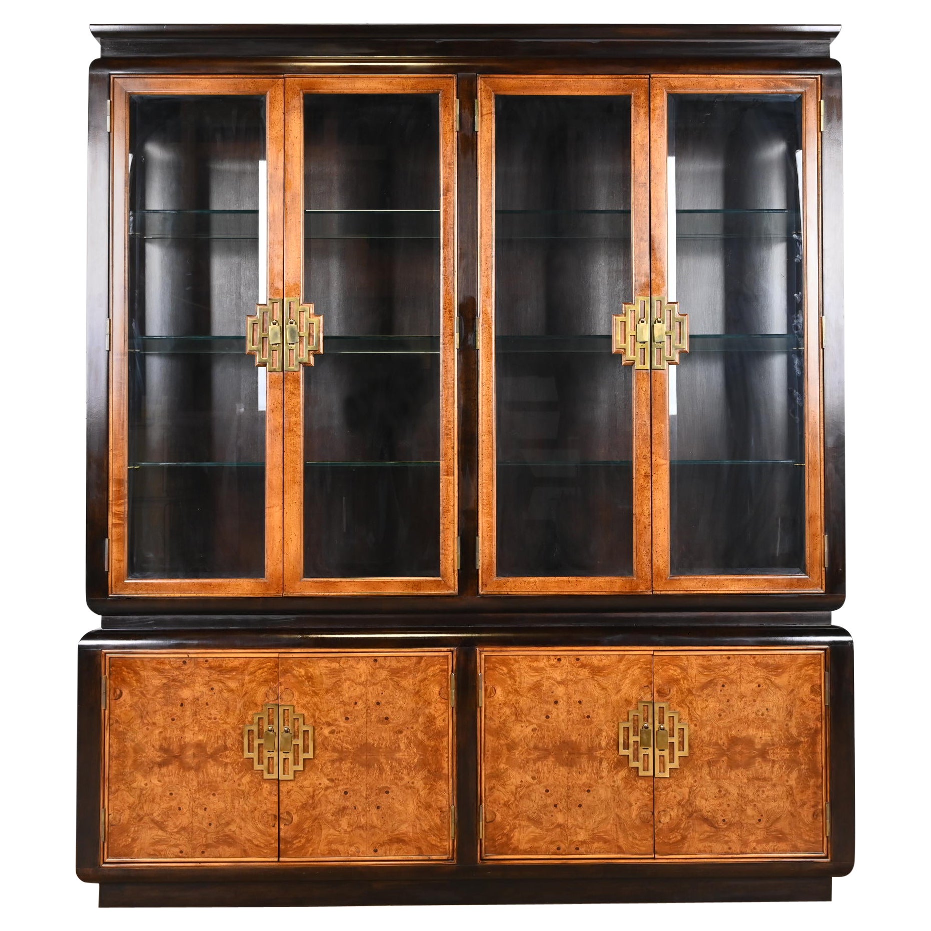 Century Furniture Hollywood Regency Chinoiserie Burl Wood Breakfront Bookcase