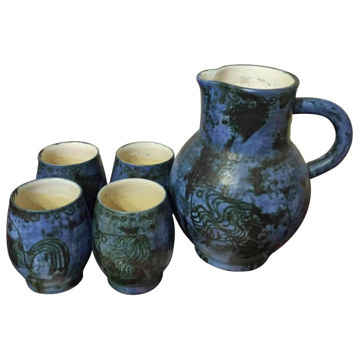 Jacques Blin Ceramic Pitcher and Four Glasses in Perfect Conditions For Sale