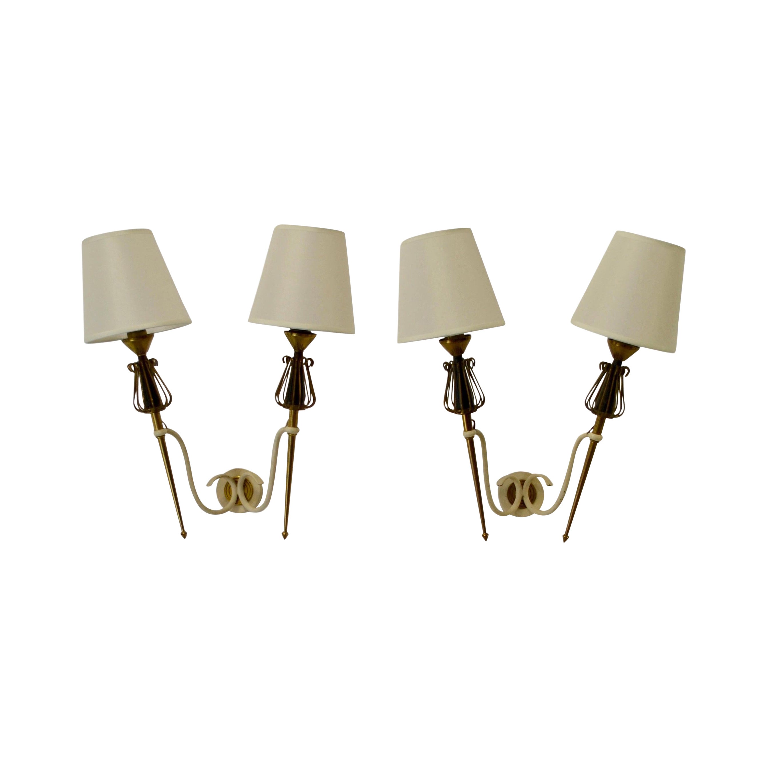 A Pair of 1950s French Wall Sconces in Formed Iron and Brass
