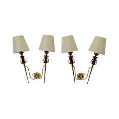 A Pair of 1950s French Wall Sconces in Formed Iron and Brass