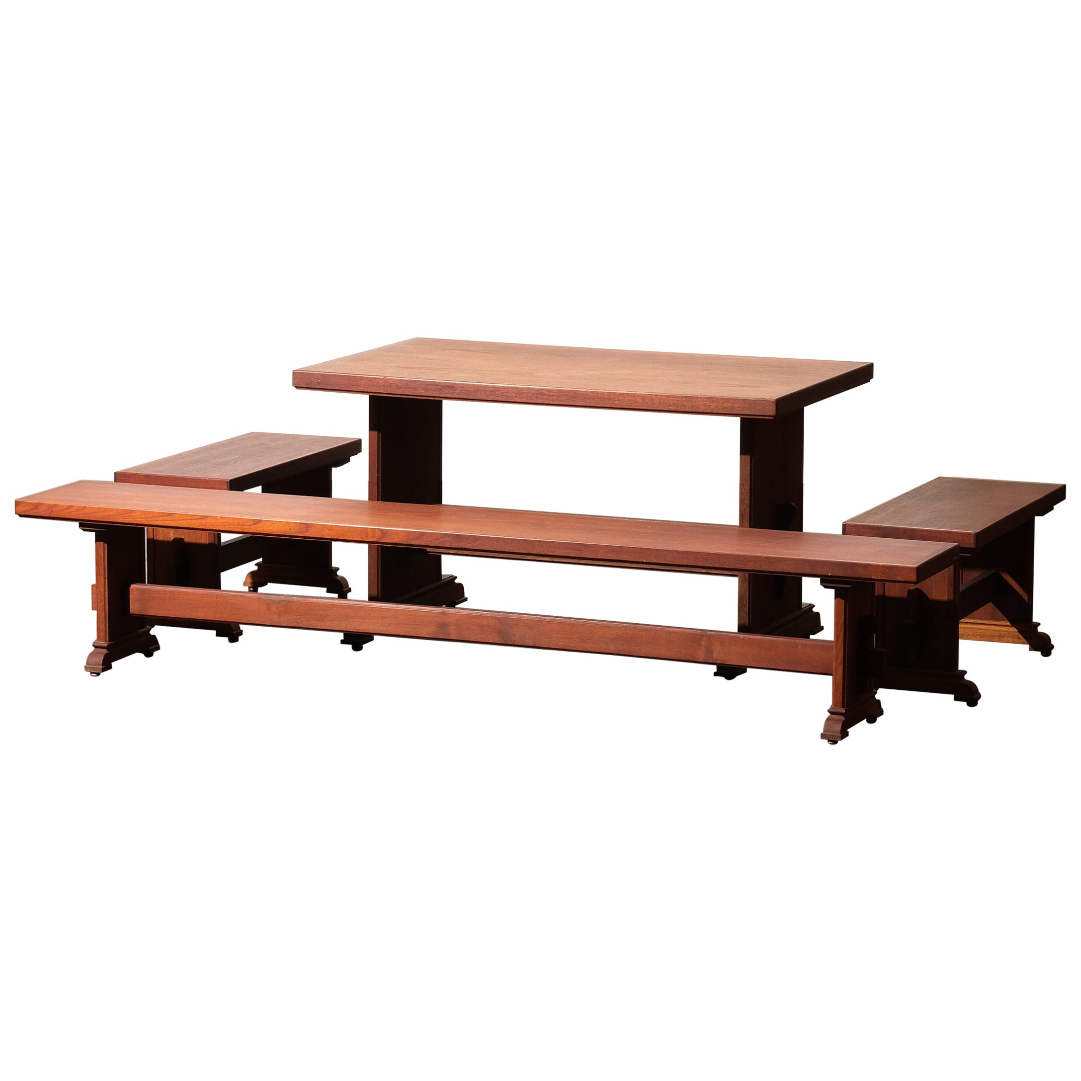 Mid-Century Scandinavian Teak Dining Set with Trestle Dining Table and Benches