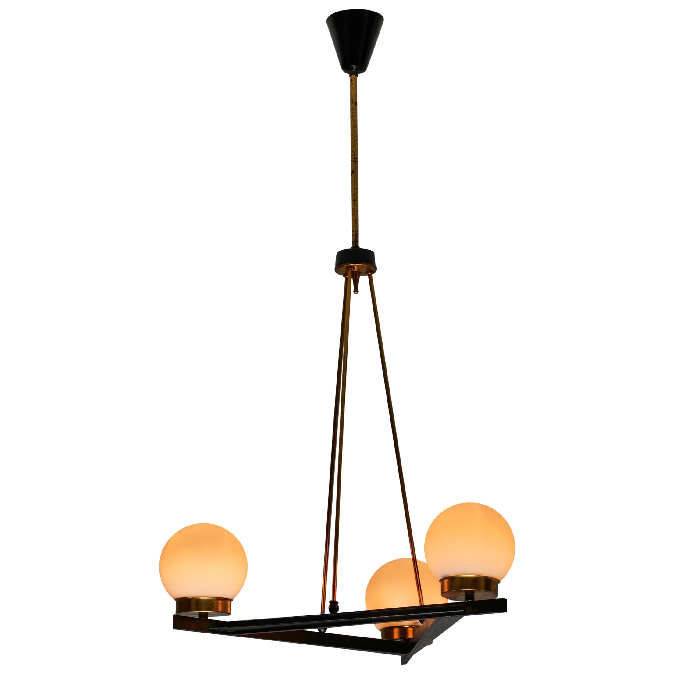 Mid-Century Italian Pendant with Brass and Opaline Glass Globes For Sale