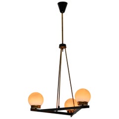 Mid-Century Italian Pendant with Brass and Opaline Glass Globes