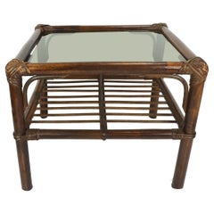no 1 of 2: 1970s mid century SIDE TABLE coffee table bamboo wicker glass