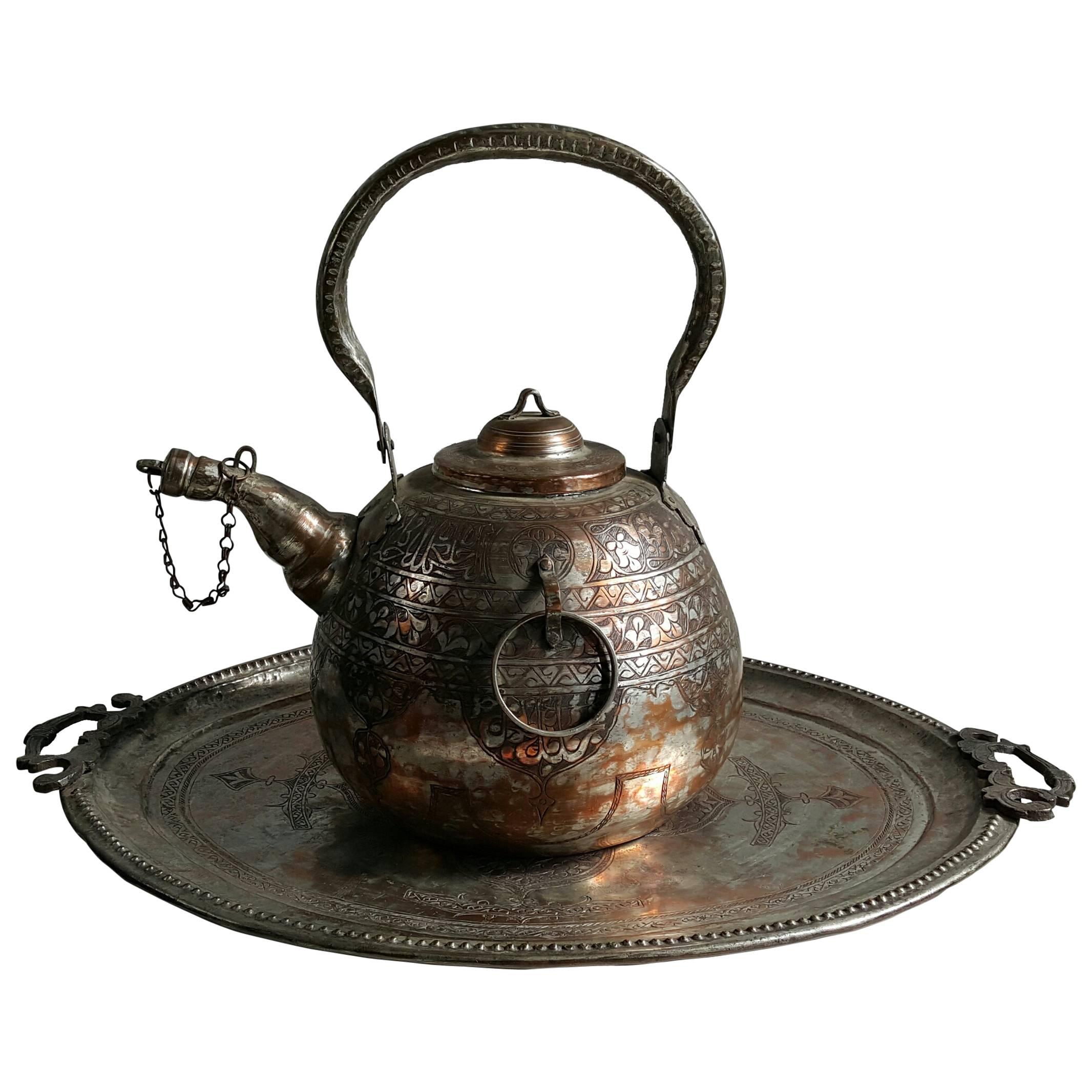 Monumental Antique Mid-Eastern Hammered and Engraved Kettle and Tray