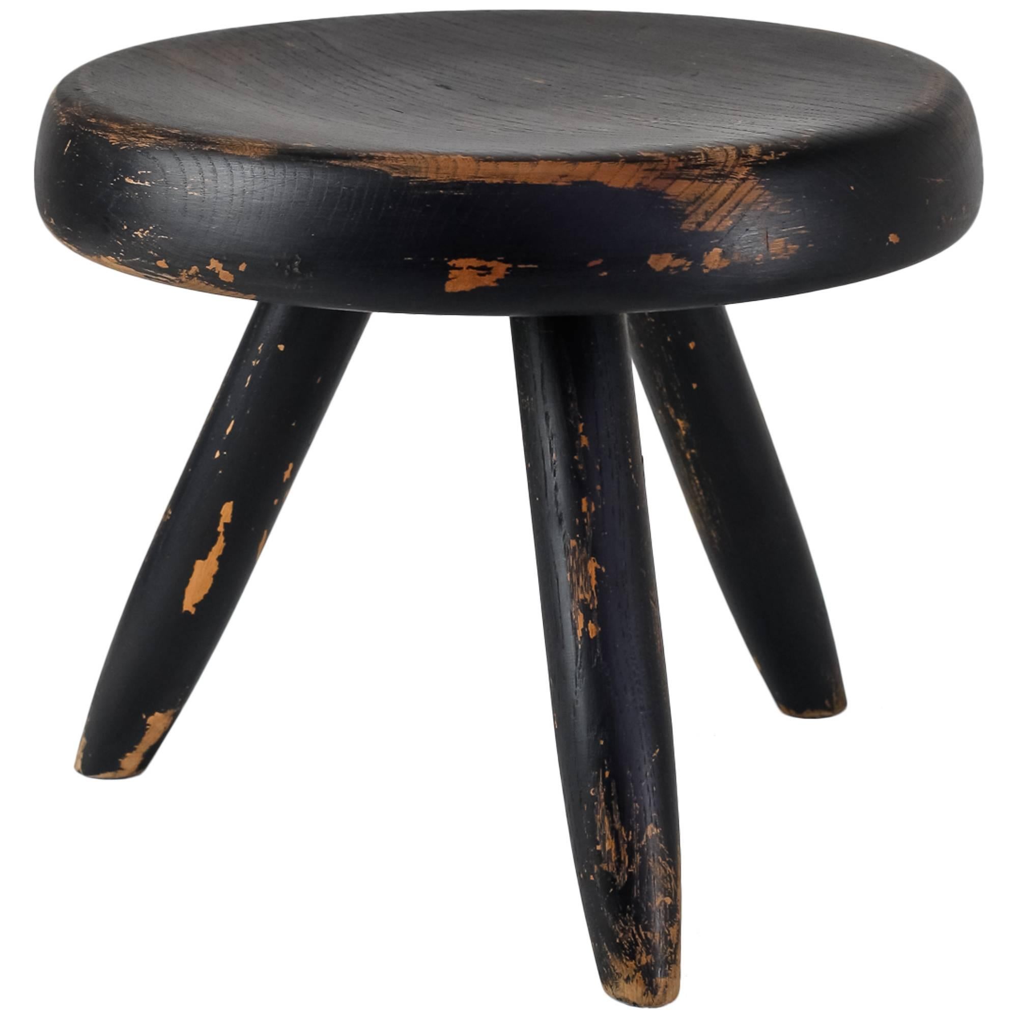 Charlotte Perriand Low Black Ash Tripod Stool, France, 1950s-1960s For Sale