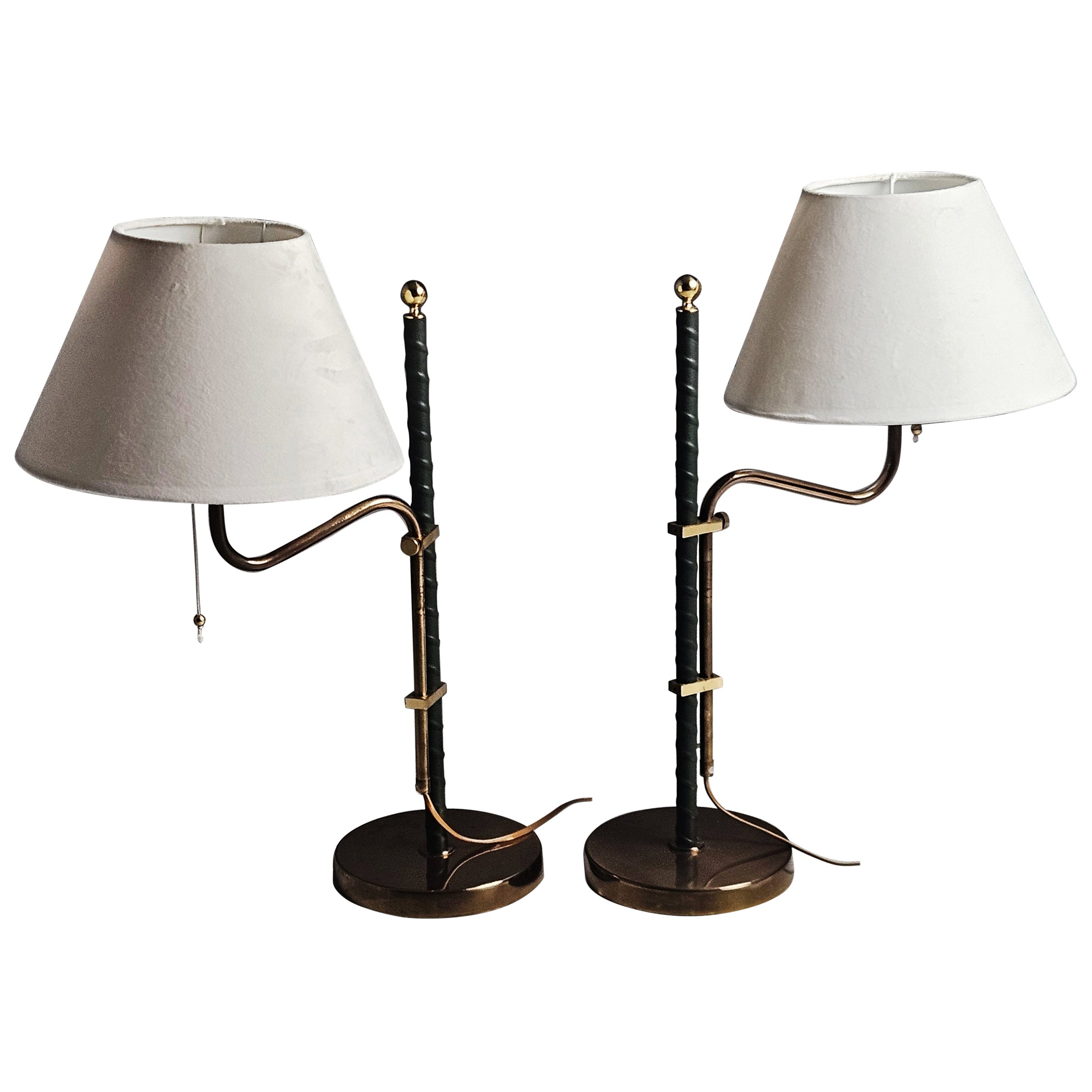 Lampade da tavolo svedesi di design in pelle e ottone, Bergboms, anni '60