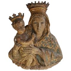 17th Century Carved Wood and Polychromed Madonna and Child, Religious