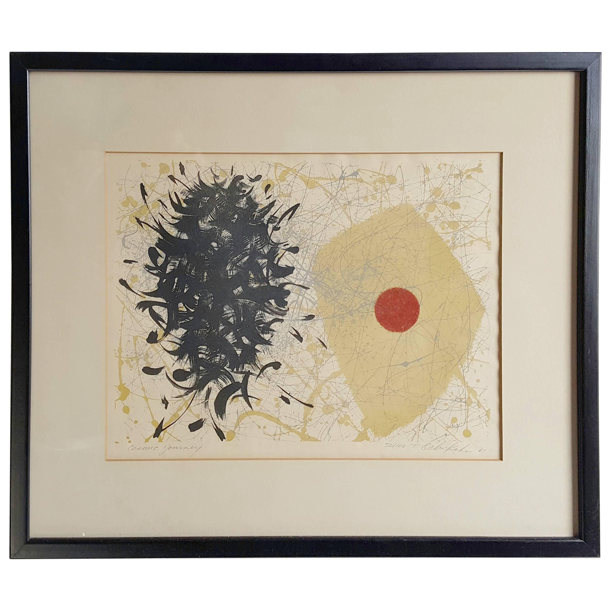 Modernist Abstract Lithograph by Tetsuo Ochikubo, "Cosmic Journey"