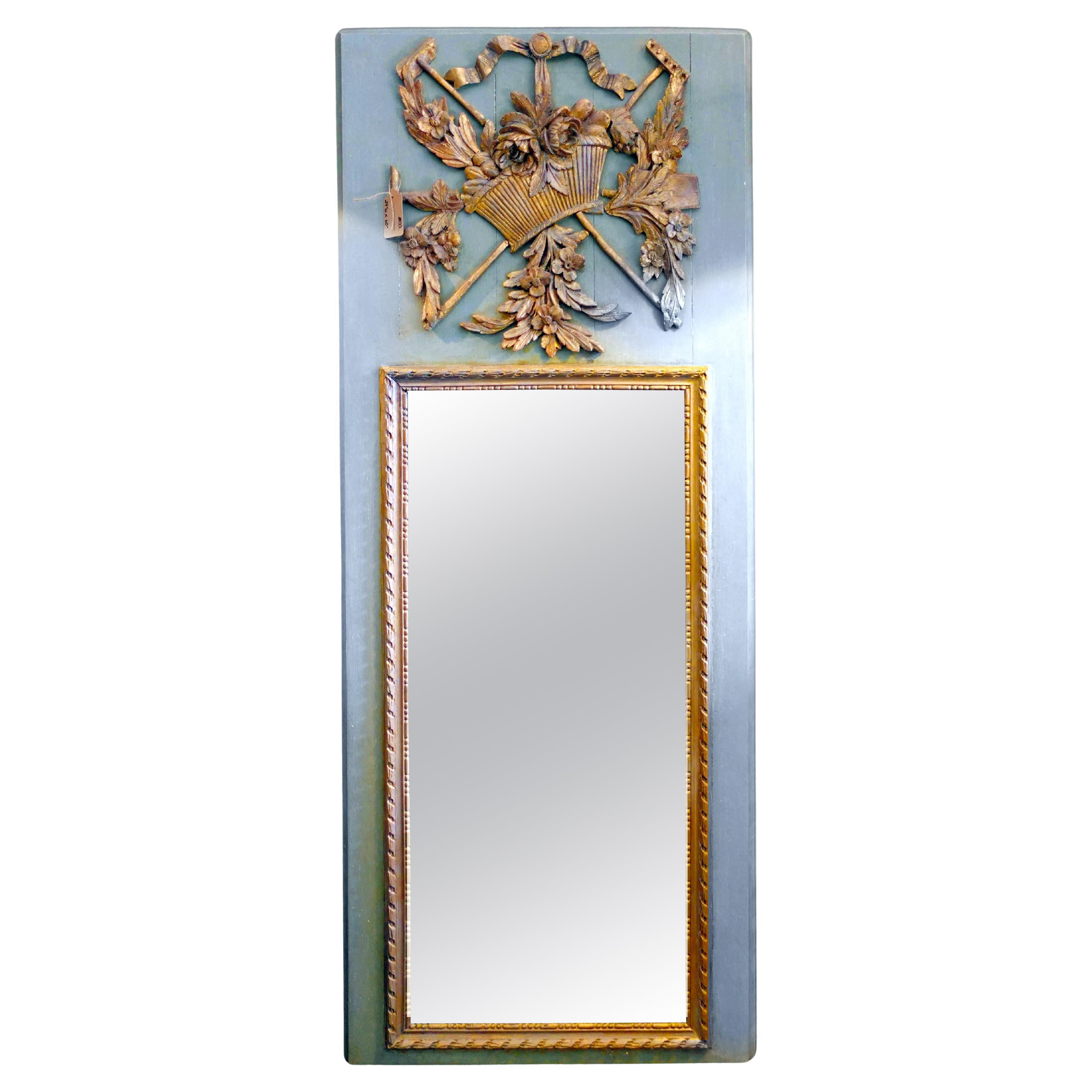 Giltwood and Blue-Grey Framed Trumeau Mirror in Antique Louis XVI style For Sale