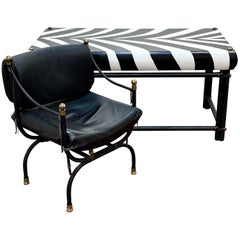 French Modern Zebra Lacquered Iron & Brass Executive Desk & Curule Arm Chair