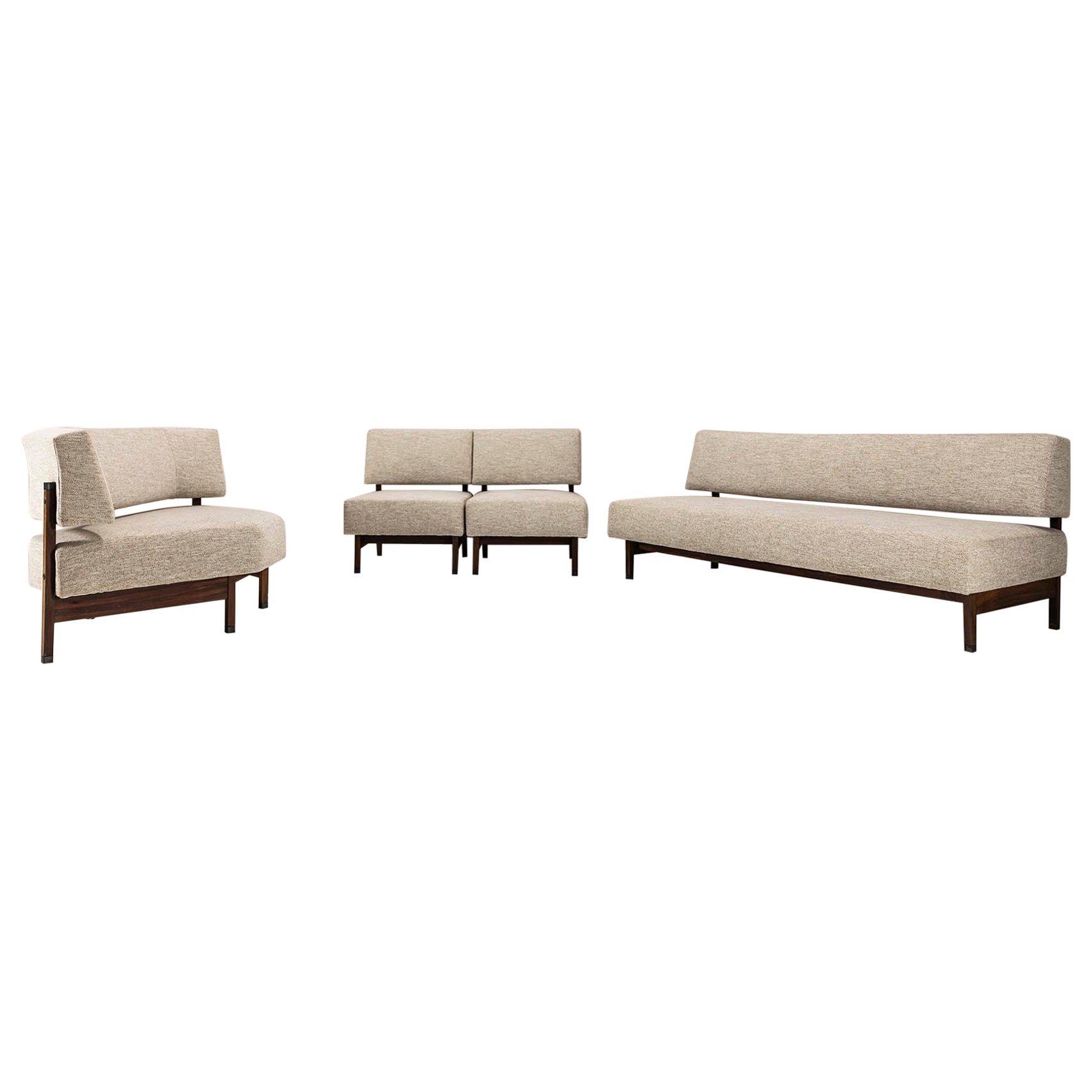Four Piece Living Room Set in Off-white Fabric and Rosewood, Italy 1960s