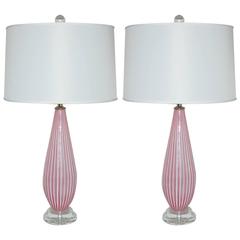 Matched Pair of Striped Pink Vintage Murano Lamps by Dino Martens