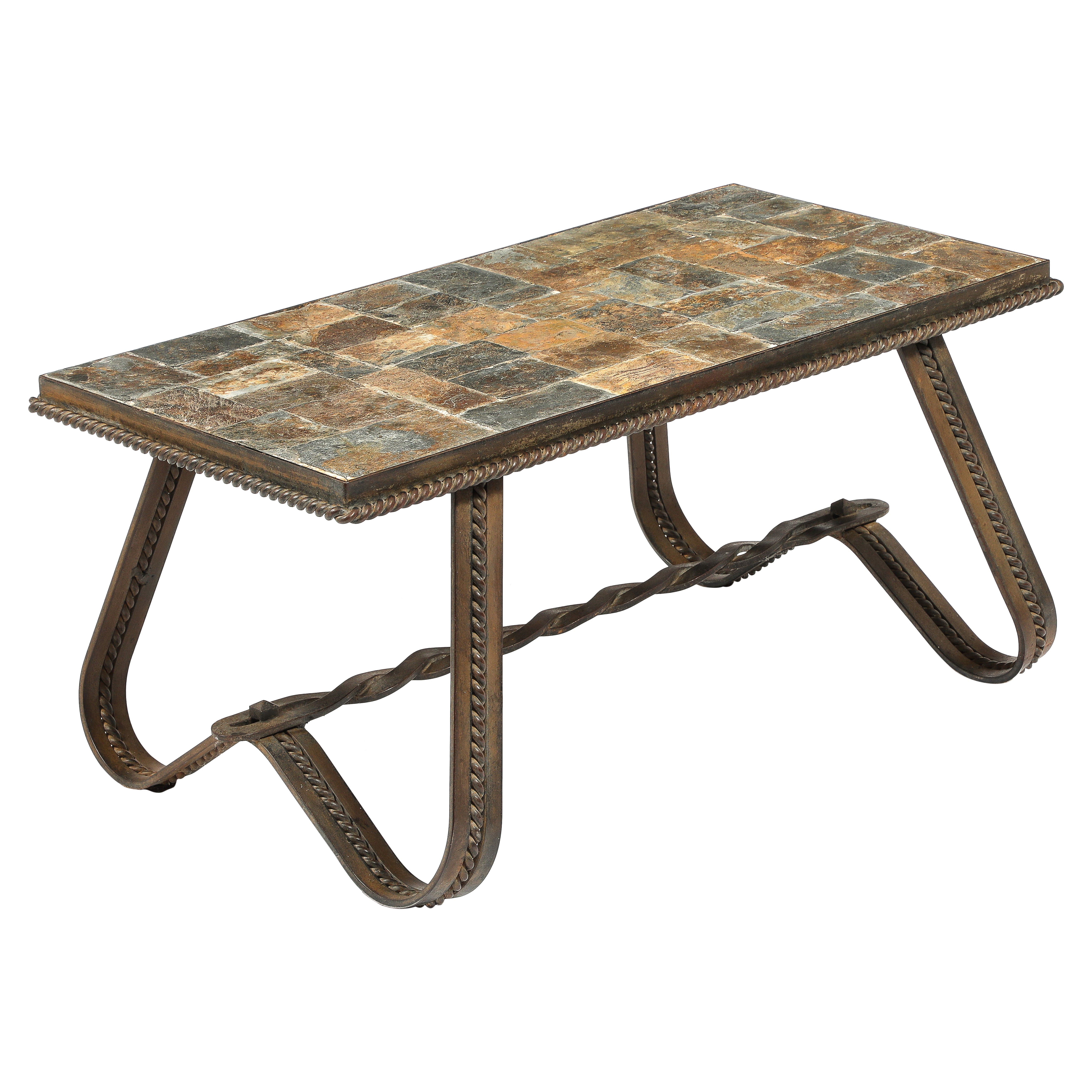 Table basse Ferronnerie et mosaïque d'ardoise ardoise - France années 1970
