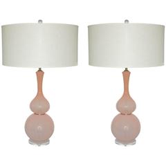 Pair of Curvaceous Opaline Vintage Murano Lamps in Pale Pink