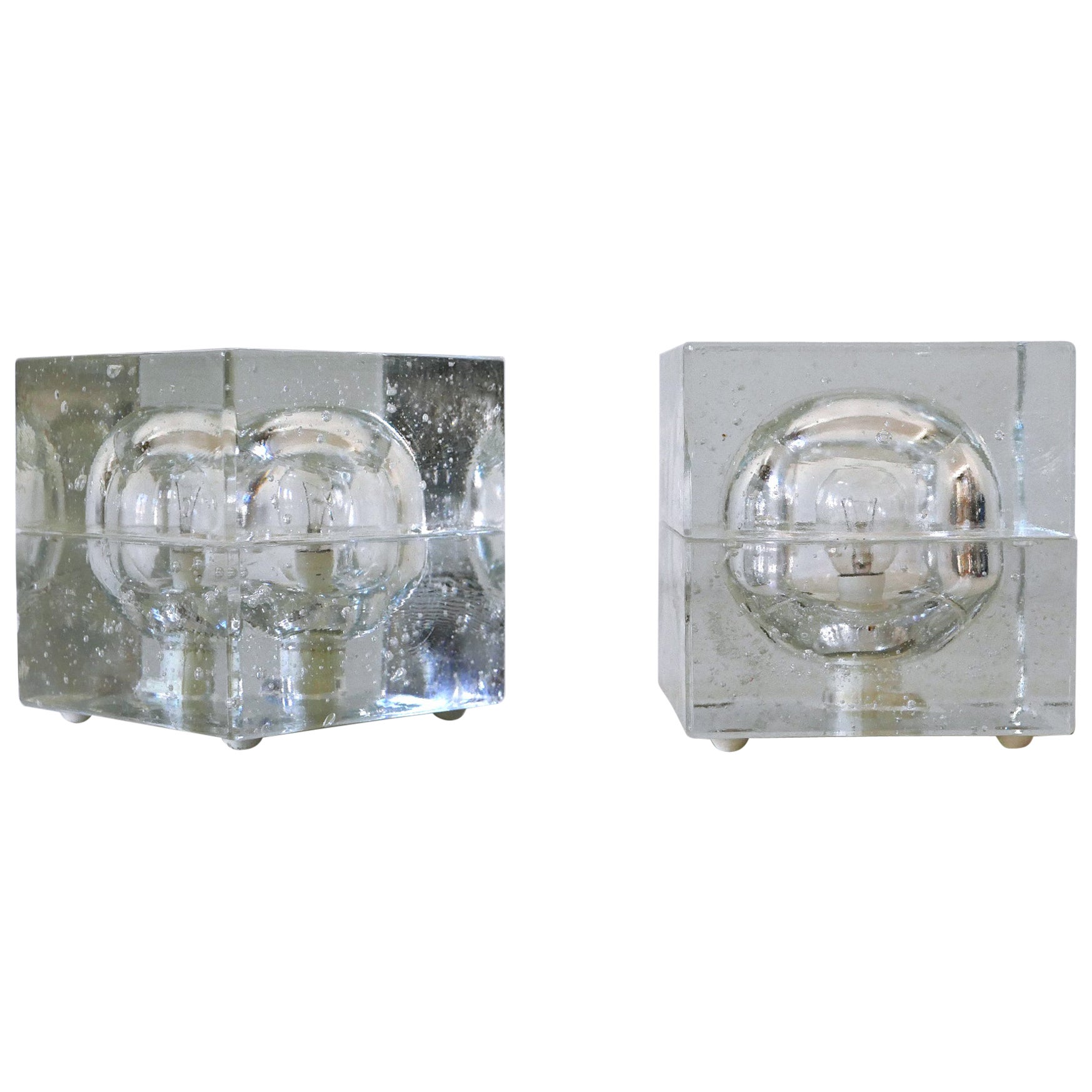 Set of Two Hand-Blown Ice-Glass Cube Table Lamps by Müller & Zimmer Germany