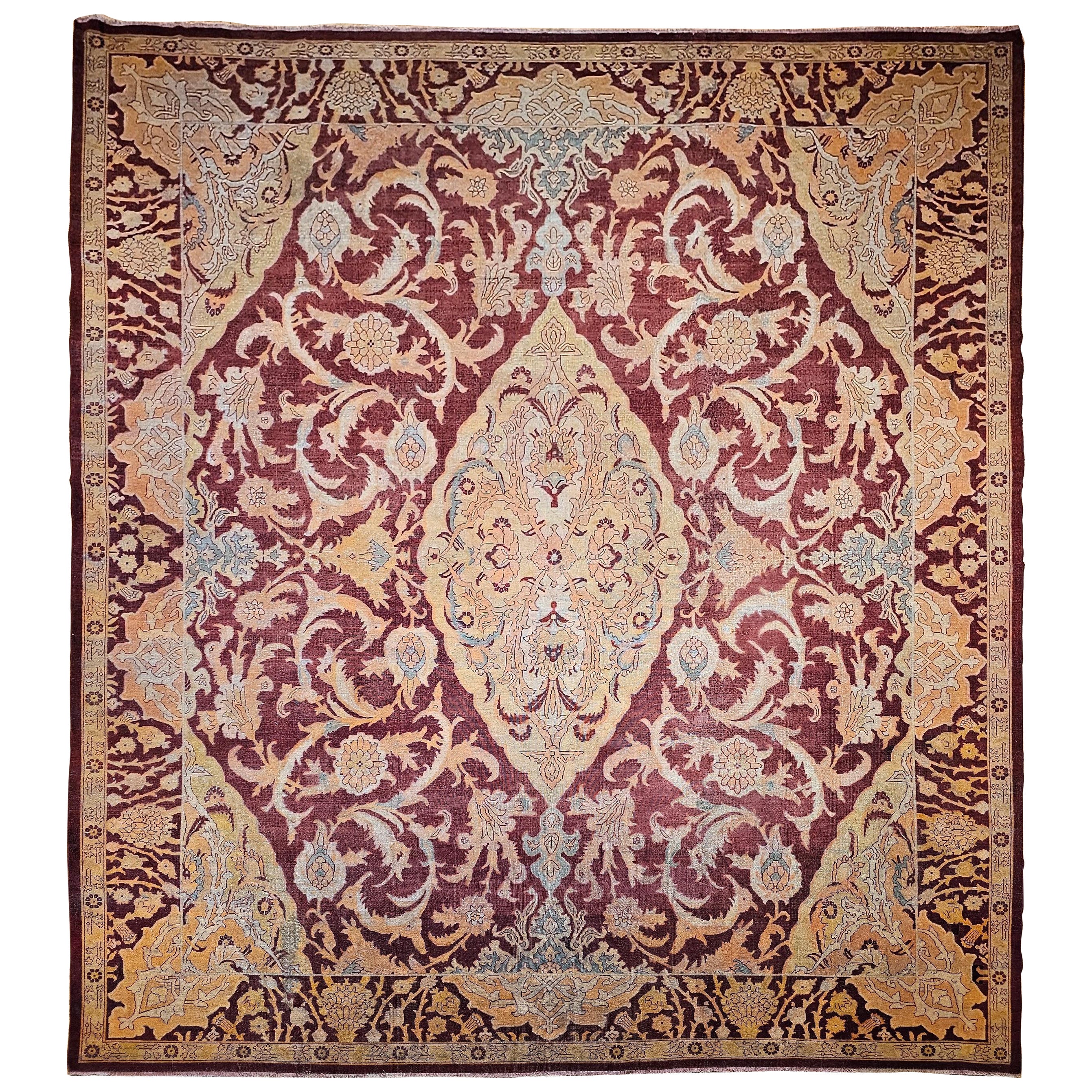 19th Century Indian Amritsar Room-Size Rug in Burgundy, Blue, Pale Yellow, Ivory For Sale