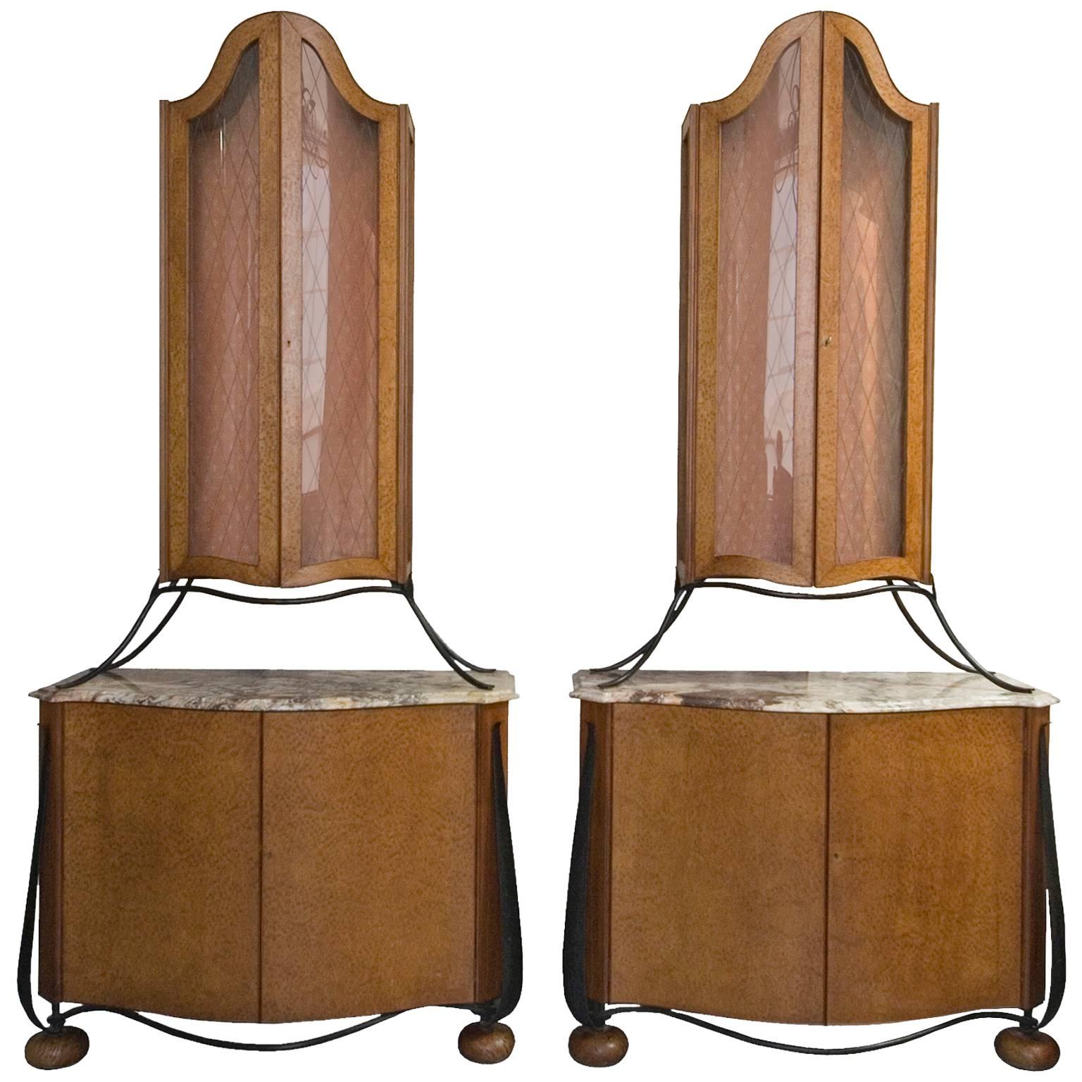 Pair of Modern Baroque Cabinets with marble top and wrought iron details For Sale