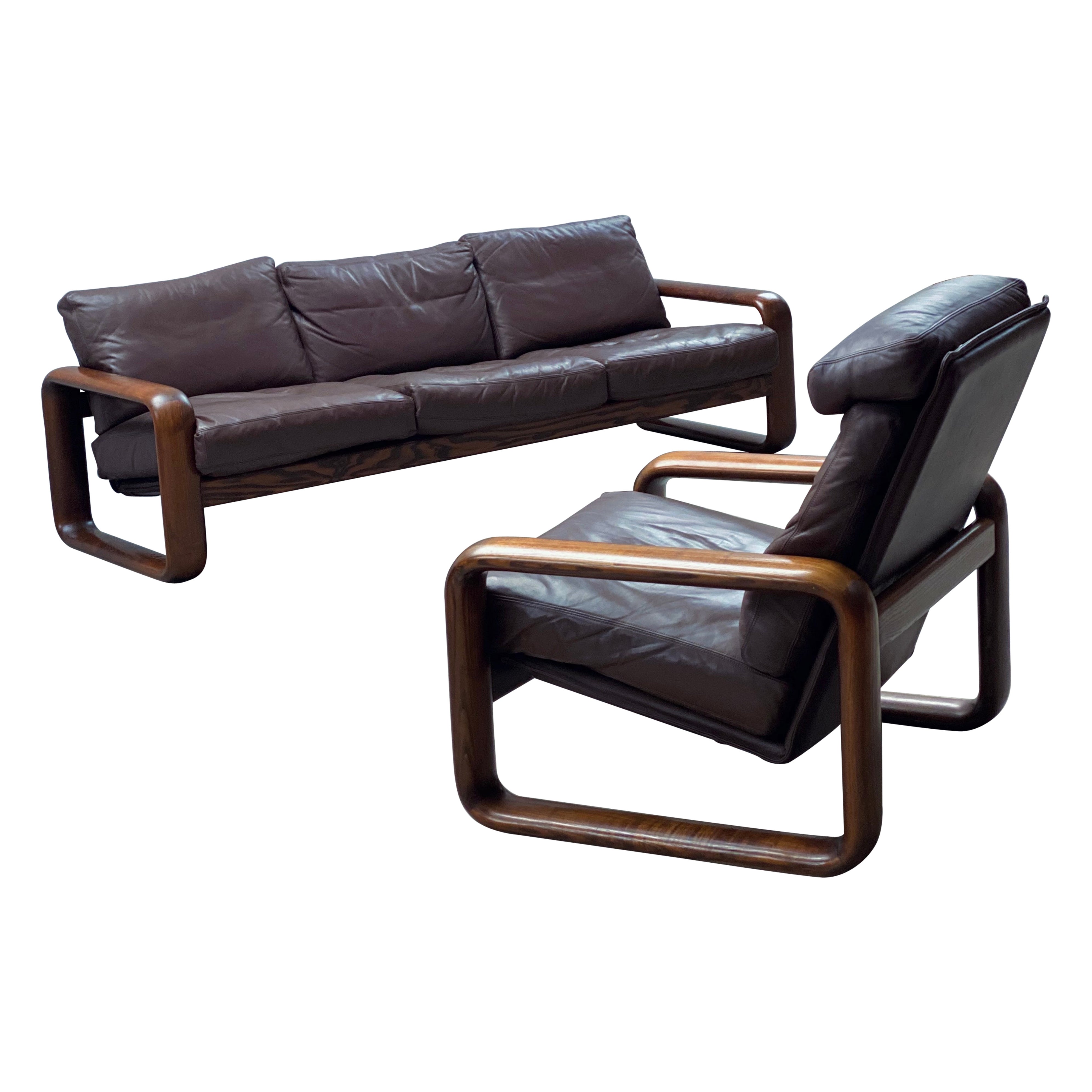 Juego de Sofá y Silla Rosenthal Studioline Esche Holz Leder, Deutschland 1970er