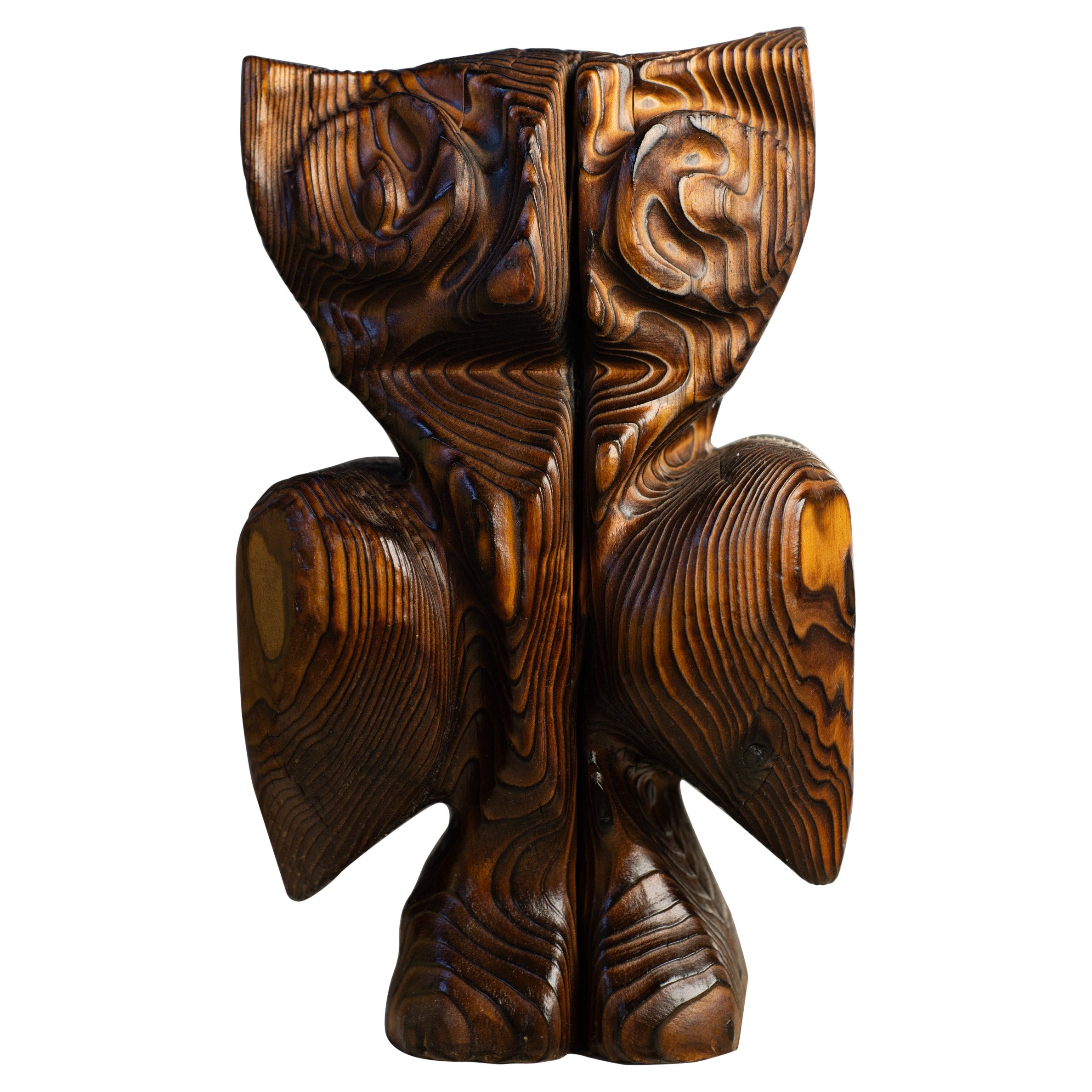 Unique Abstract Carved & Burnt Cedar Wood Owl Animal Sculpture Tiki by Witco