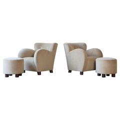 Pair of Lounge Chairs and Ottomans, Upholstered in Sand Pure Alpaca
