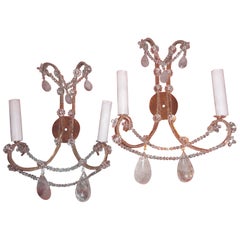 Vintage Grand Scale Pair Pink Quartz/ Rock Crystal Wall Sconces by Dennis & Leen