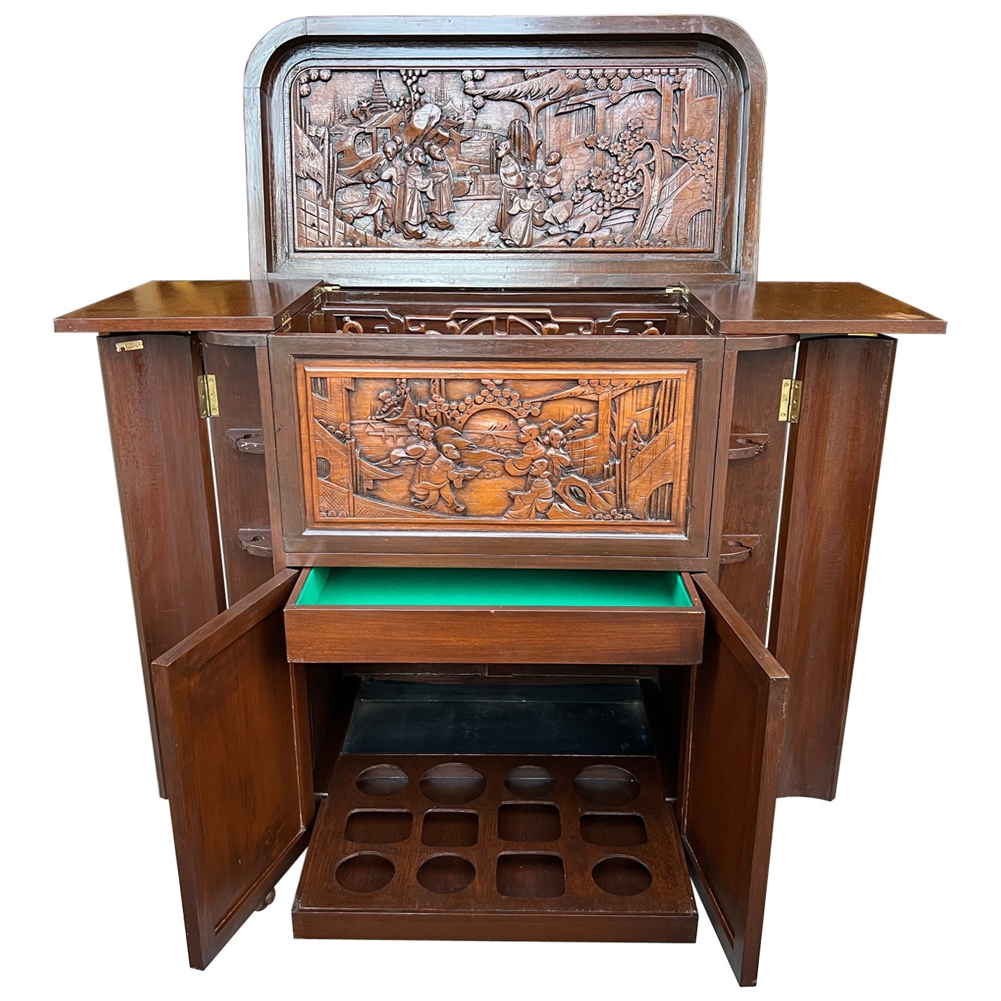 1960s George Zee Mid-Century Asian Heavily Hand Carved Flip Top Dry Bar Cabinet