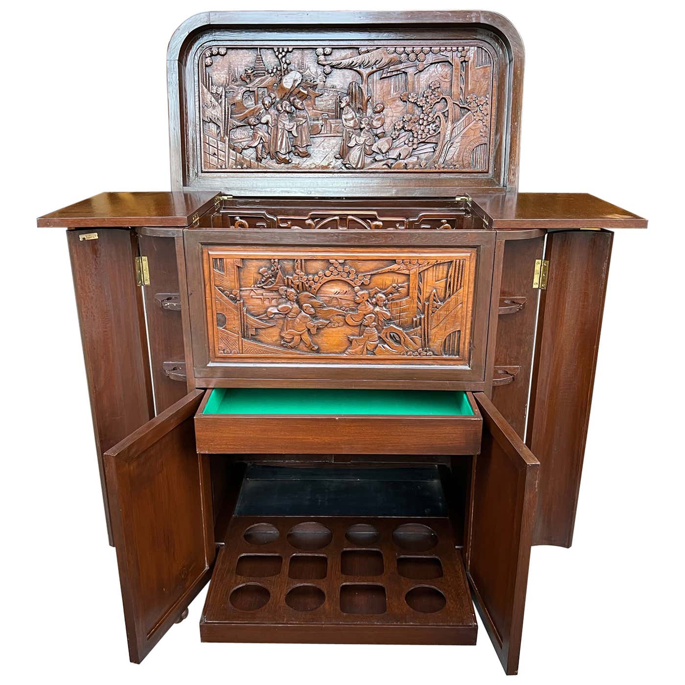George Zee 1960s George Zee Mid-Century Asian Heavily Hand Carved Flip Top Dry Bar ...