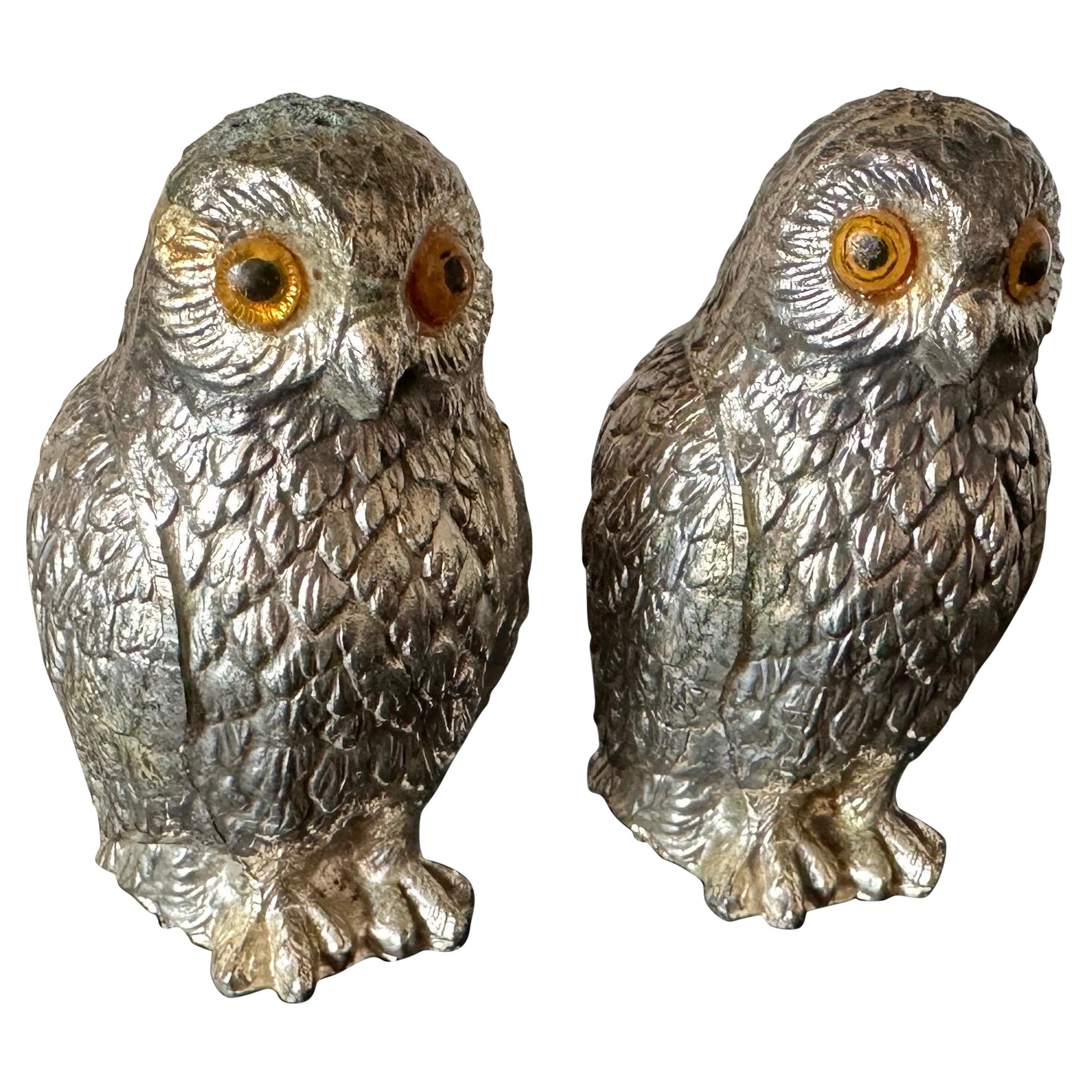 Pareja de saleros y pimenteros italianos de los años 70 en forma de búho con ojos de cristal en venta