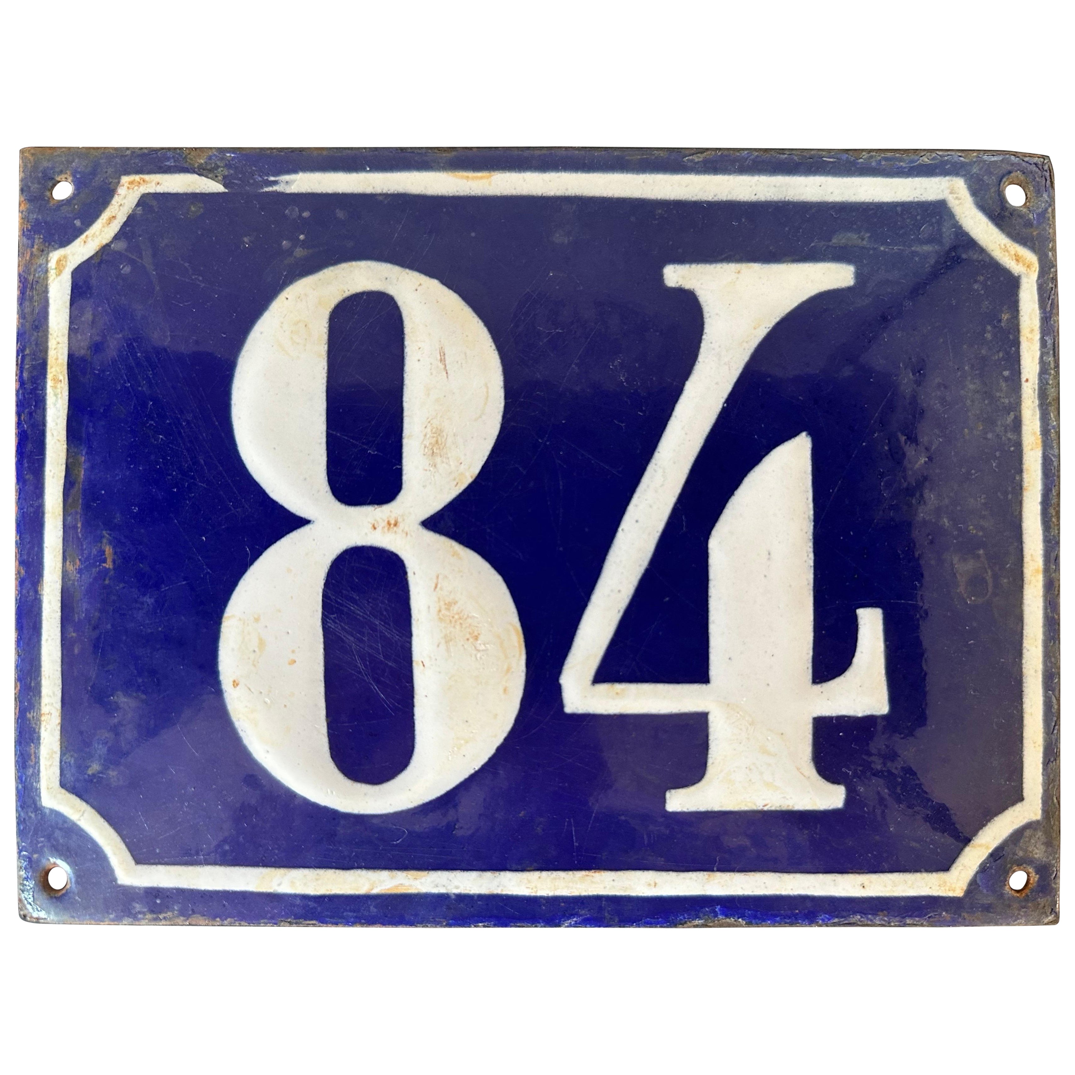 Antique French Placa esmaltada con el número de la casa, azul y blanca