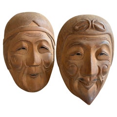 Pair of Vintage Japanese Kyogen Masks, Hand-Carved Wood, 1950s-60s