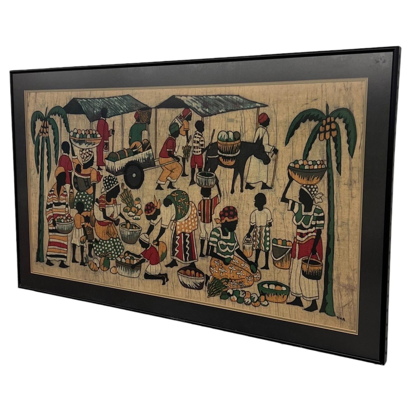 Vintage Stammeskunst Batik-Stoff-Gemälde, Volkskunst mit Batik-Stoff-Gemälde, mit Mid-Century Modern