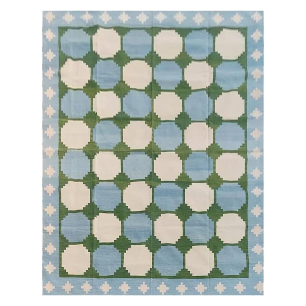 Handmade Cotton Area Flat Weave Rug, 10x14 Blue And Green Tile Indian Dhurrie