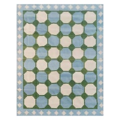 Tappeto a tessitura piatta in cotone fatto a mano, 10x14 Blue and Green Tile Indian Dhurrie