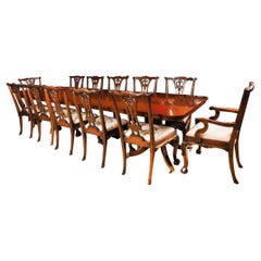 Vintage 12ft Twin Mahogany Dining Table & 12 Chippendale Chairs 20th Century