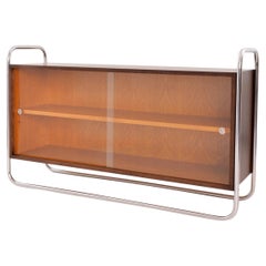 Bespoke Bauhaus Tubular Steel Low Bookcase, Stained Wood, Sliding Glass Panels