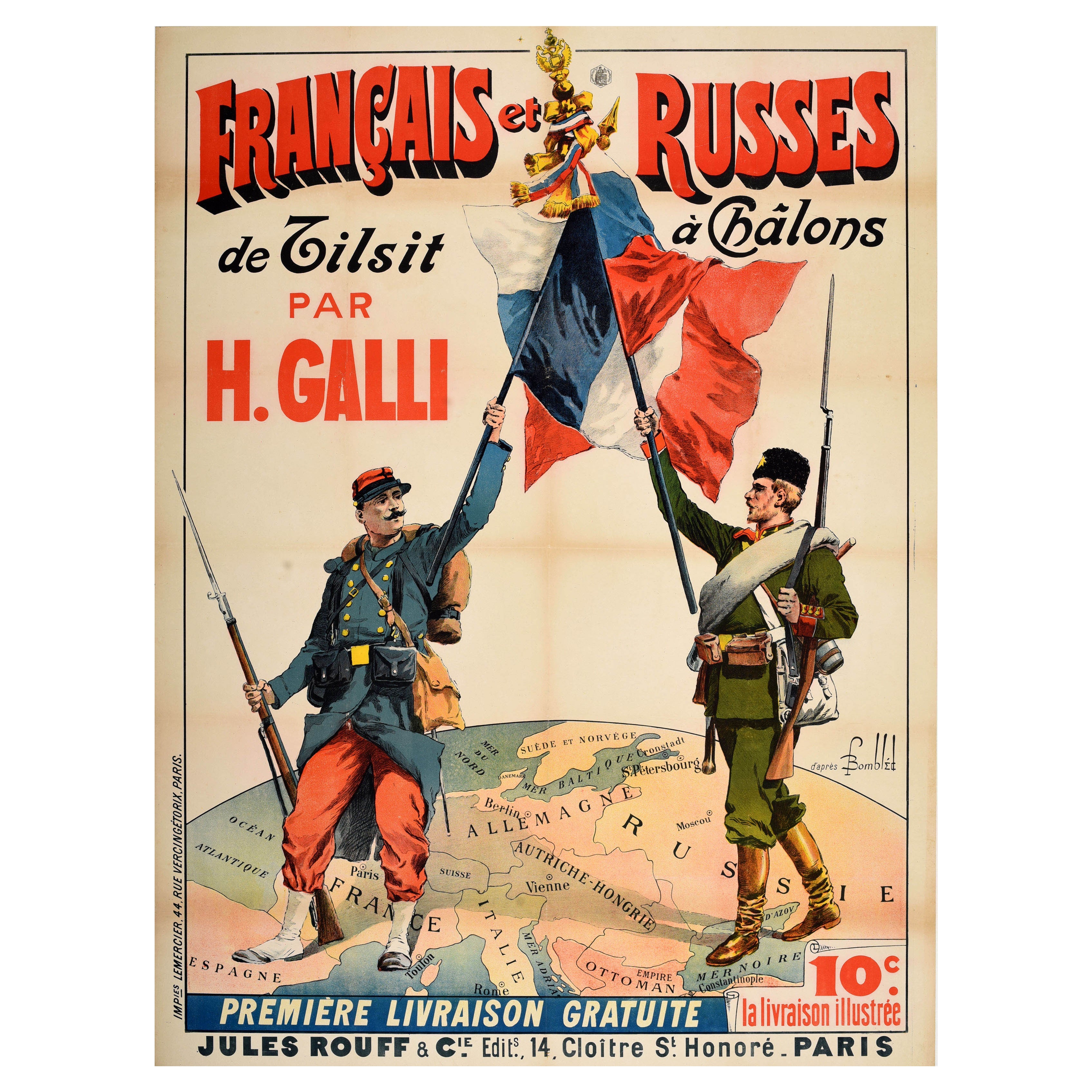 Poster libro illustrato originale Antique French Russians Tilsit Chalons H. Galli in vendita