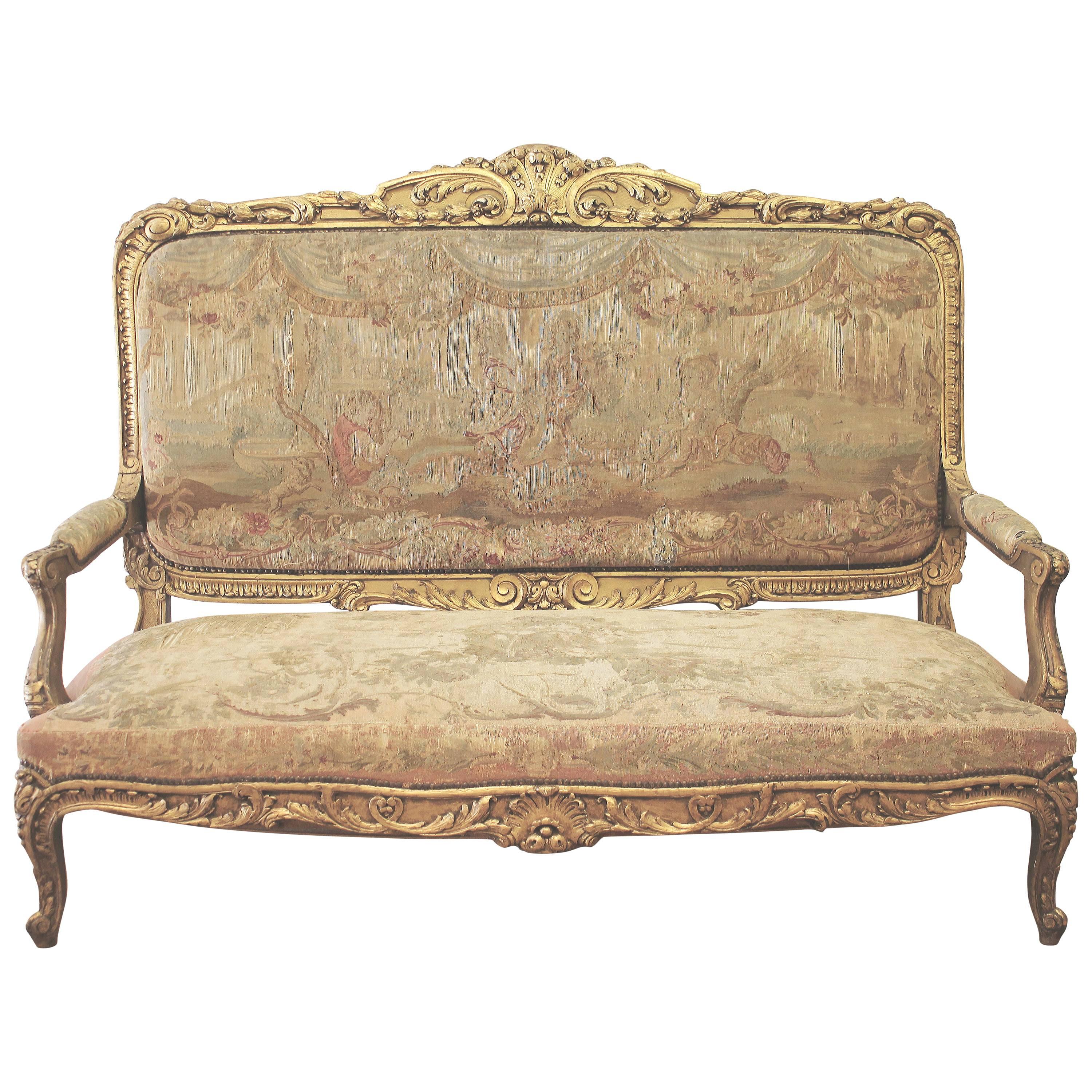 Antique Aubusson French Gilded Louis XV Style Settee