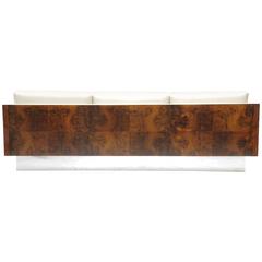 Milo Baughman Case Sofa in Maple Burl with Stainless Steel Base
