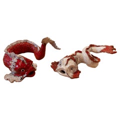 1980s Pair of Ceramic Fish Hand Painted and Glazed in Red and White Color