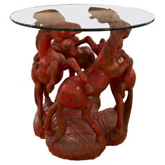 1970s Hand Carved in Wood and Inlaid Round Side Table with Red Horses