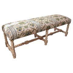 Wooden Bench with Turned Legs, Painted in Antique White, Freshly Upholstered