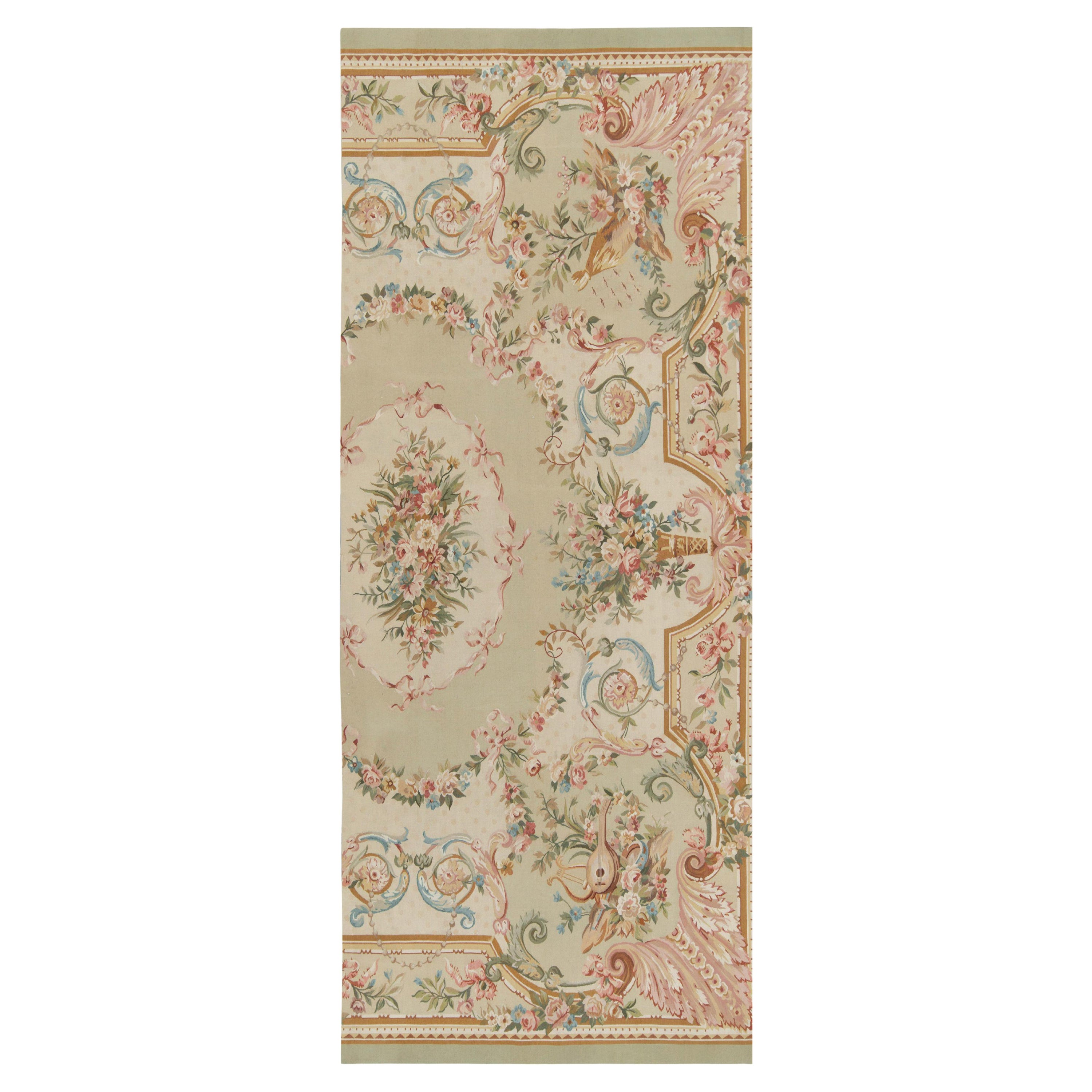 Rug & Kilim's Handwoven Aubusson Flat Weave Style Green, Pink, Beige Floral Rug