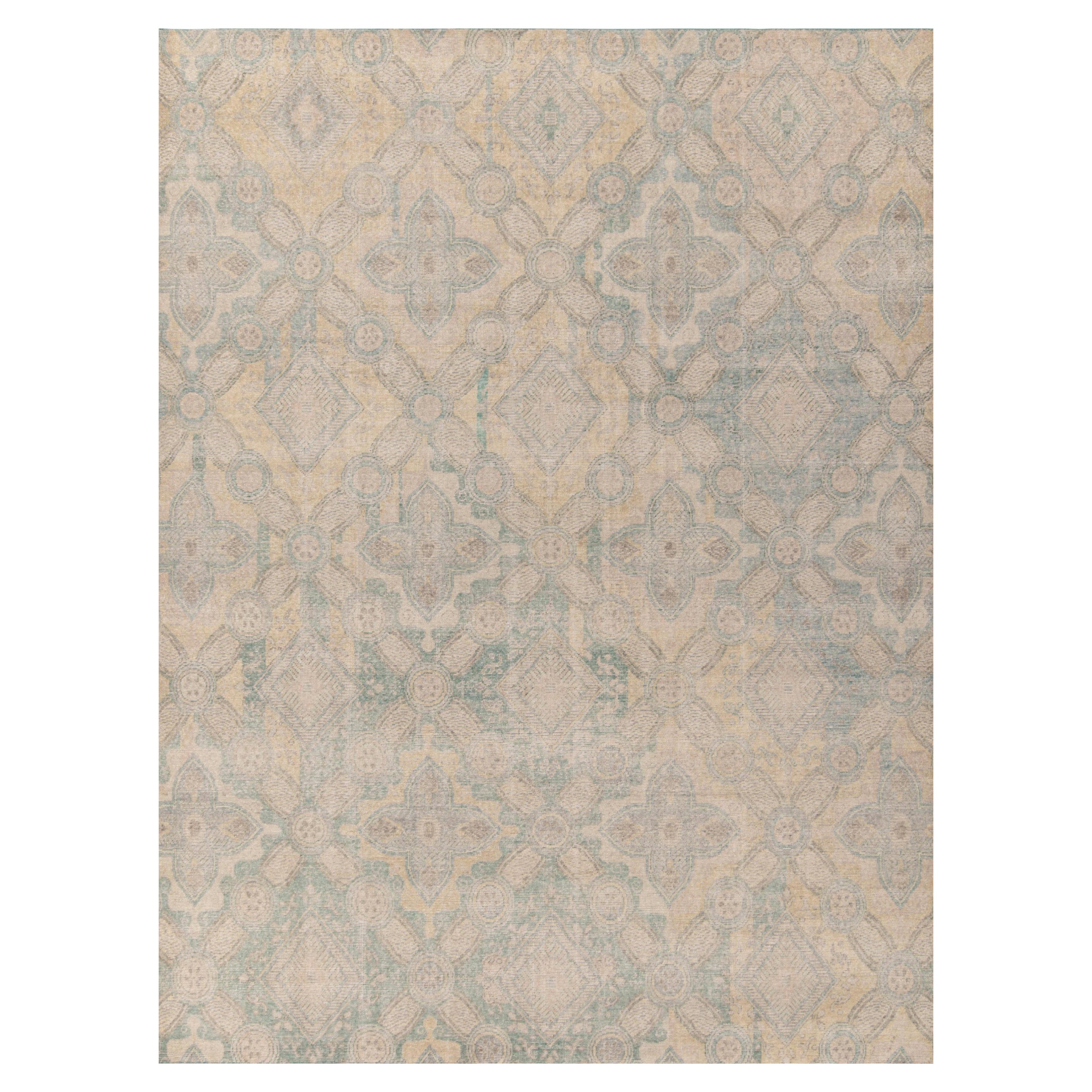 Rug & Kilim's Distressed Transitional Deco Style Rug, Cream, Blue Floral