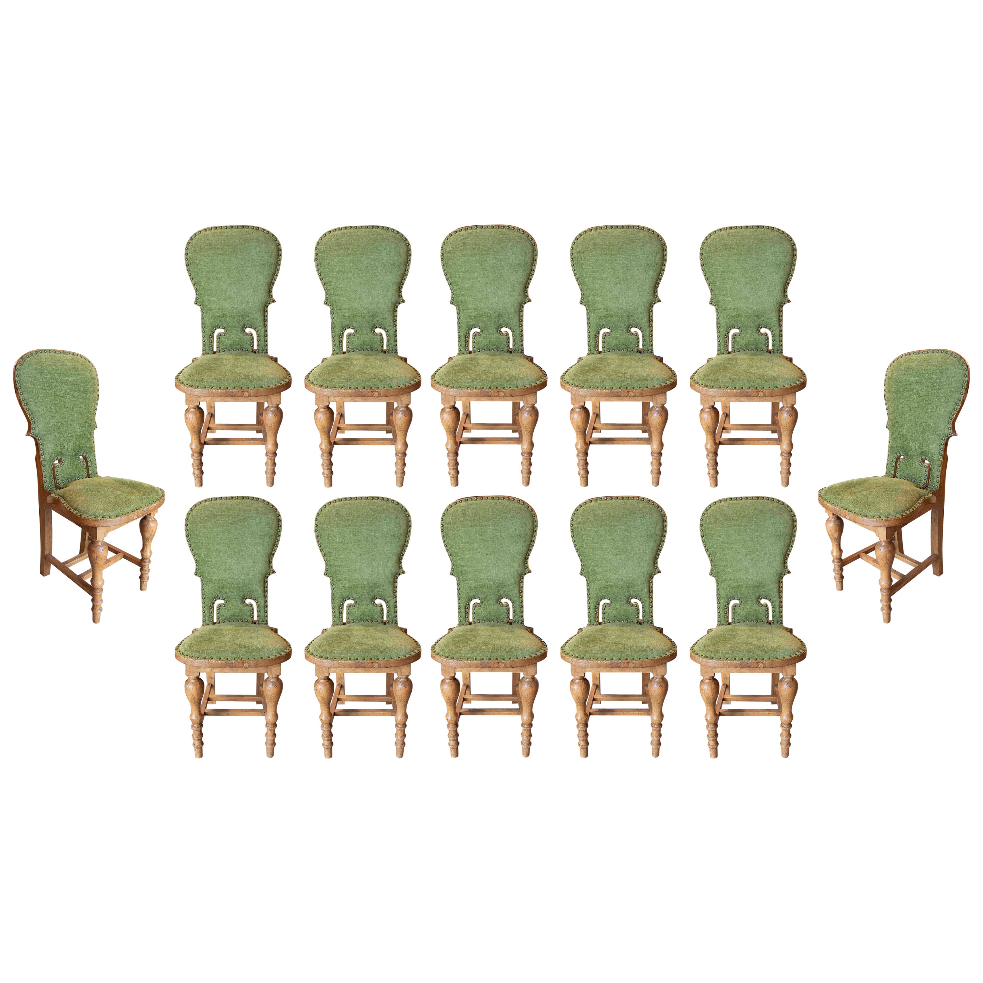 1930s Set of Twelve Wooden Chairs Newly Upholstered in Green Velvet